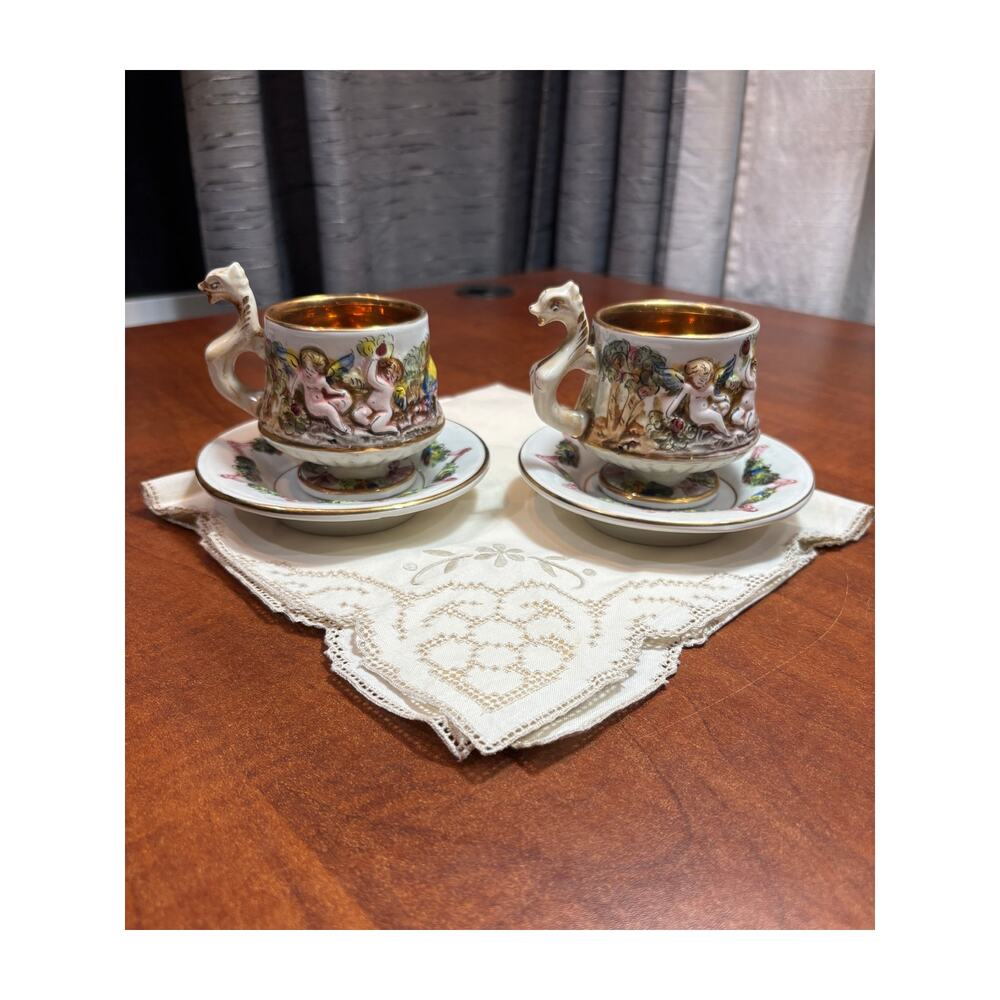 Vintage Italian Capodimonte Dragon Cherub Tea cup and saucers (Set of 2)